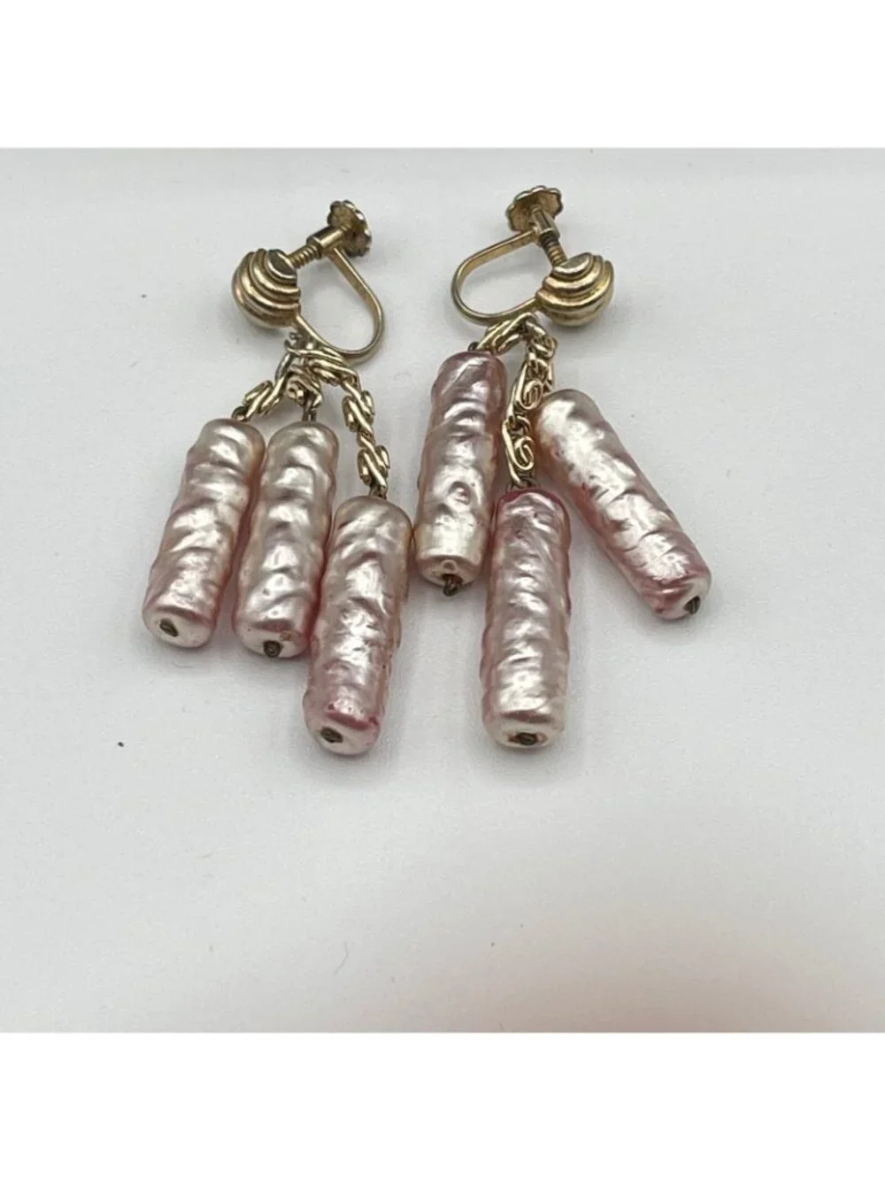 Opera Length Necklace Vintage Pearlescent Pink Bead Station 30" Drop + Earrings - Picture 5 of 9